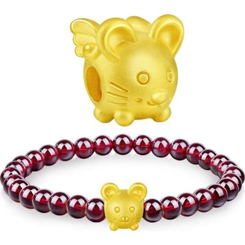 Really 999 24K Yellow Gold Bracelet 3D Gold Cute Fly Mouse Garnet Beads Bracelet