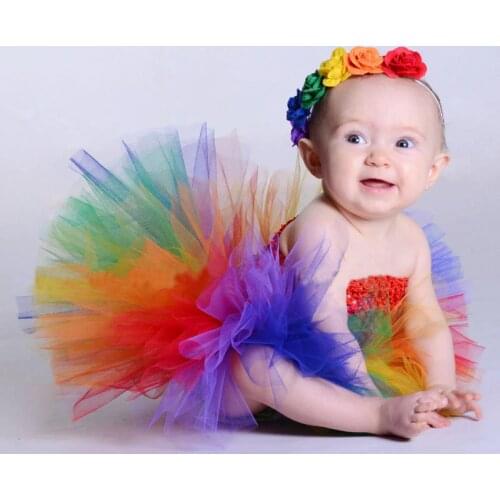 Princess Baby Rainbow Couture Tutu Dress with Flower Headband Halloween Birthday Costume Girls Photo Props TS125