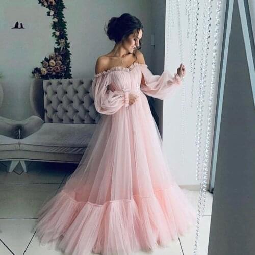 Elegant Long Sleeves A-Line Evening Dress 2020 Cheap Pink Prom Gowns Custom Made Plus size Party Dress