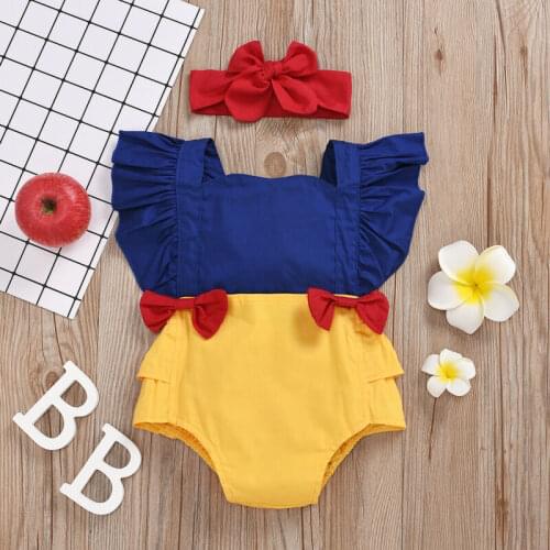 Newborn Baby Girl Clothes Baby Girls Cotton Patchwork Ruffled Sleeve Romper Jumpsuit + Bow Headband Backless Summer Outfit Set