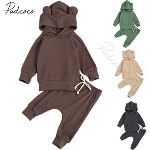 Spring Autumn Newborn Baby 2Pcs Ribbed Outfit Set Long Sleeve Solid Color Ears Hoodie and Pants Set for Kids Boys