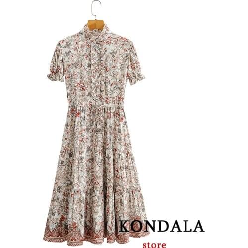 KONDALA Women Dress Za Fashion 2021 Floral Print Vintage Ruffles Mid Calf Dresses Short Sleeve Casual Spring Mujer Vestidos