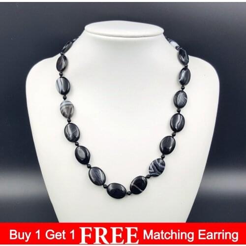 LiiJi Unique Natural Stone White Line Black Onyx Oval shape Stone Toggle clasp Fashion Necklace Approx 20''/50cm