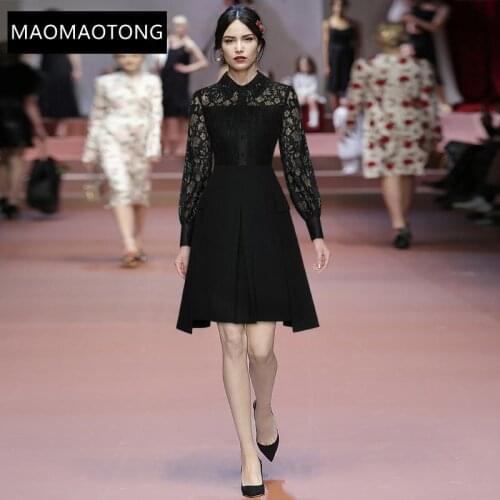 Fashion Designer Autumn Black Dress Womens Turn-down Collar Lantern Sleeve Lace Patchwork Short Party Dress