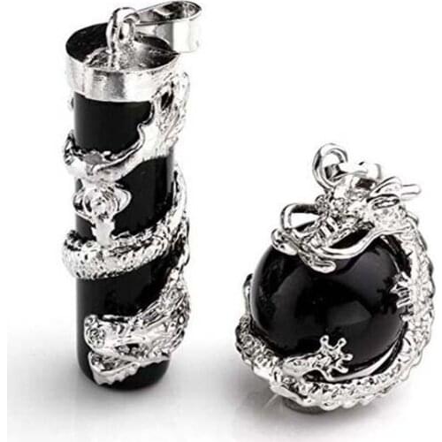 Trendy-beads Silver Plated Personalized Chinese Dragon Wrap Black Agates Pillar and Round Bead Pendant