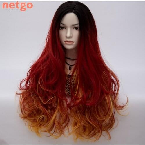 Netgo Ombre Blonde Synthetic Wig Long Wavy Side Part Wigs Ombre Purple Blue Red Hair For Black White Women Cosplay Party