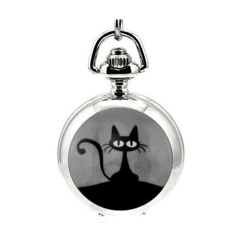 New Fashion Silver Elegant Lovely Cat with Mirror Case Quartz Pocket Watch Analog Pendant Necklace Mens Womens Gifts P36