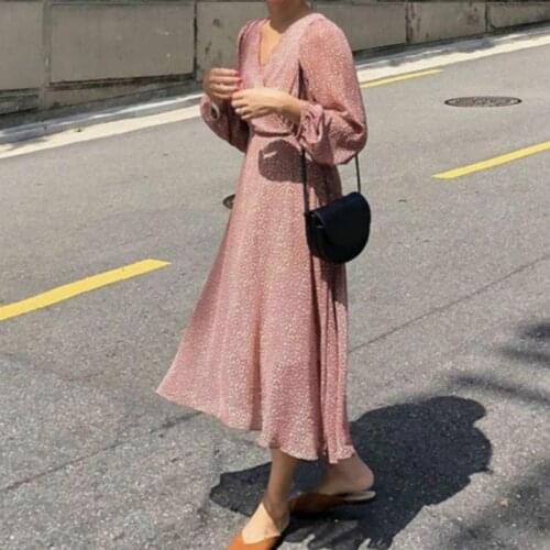 Korean Women Autumn Clothes Sexy V Neck Long Sleeve Floral Long Chiffon Dress Female Wrap Vestido Casual Sarafan Robe Femme
