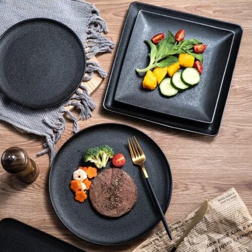 Simple Ins Wind Tableware Black Frosted Ceramic Plate Round Plate Square Western Plate Steak Plate Wholesale Household