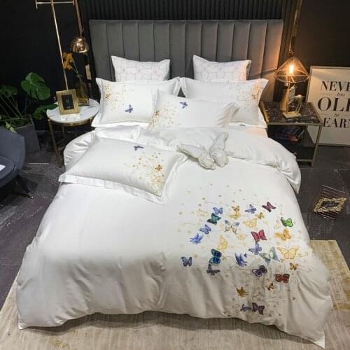 Luxury White Floral Butterfly Embroidery Egyptian Cotton Bedding Set Double Duvet Cover Set Bed Linen Pillowcases Home Textile