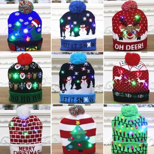 Christmas Hats With LED Light Up Sweater Santa Elk Knitted Beanie Hat Cartoon Patteren Christmas Gift For Kids New Year Supplies