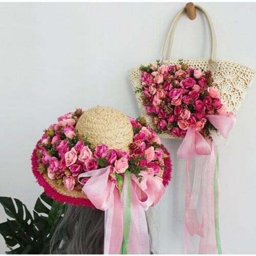 Handmade Flower Ribbon Straw Bags for Women 2021 NEW Vacation Beach Bag Hand-knitted Flowers Handbag with Sun Hat