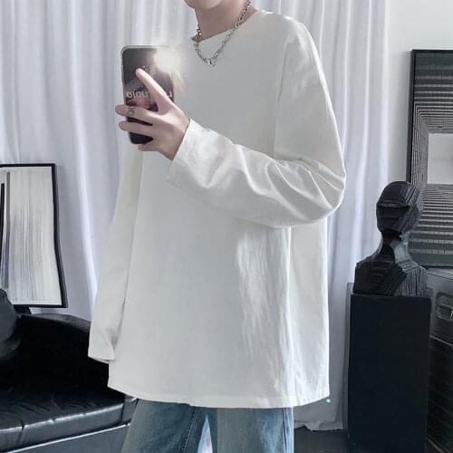 HYBSKR 2021Spring Mens T-Shirt Solid Color Basic T shirt Round Neck Long Sleeve Tshirts Korean Couple Women Man Casual Tees