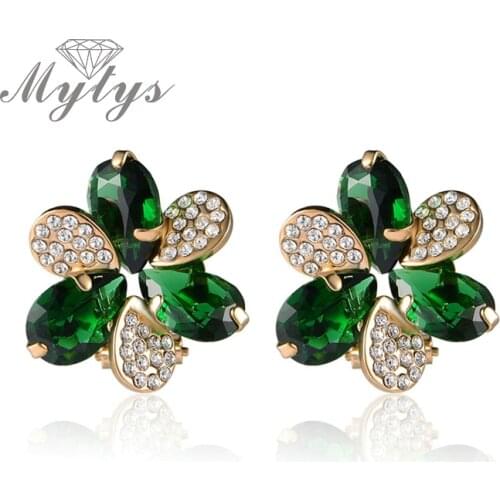Mytys High Quality Green Crystal Flower Earrings for Women Romantic Style Jewelry Gift jewelry E320