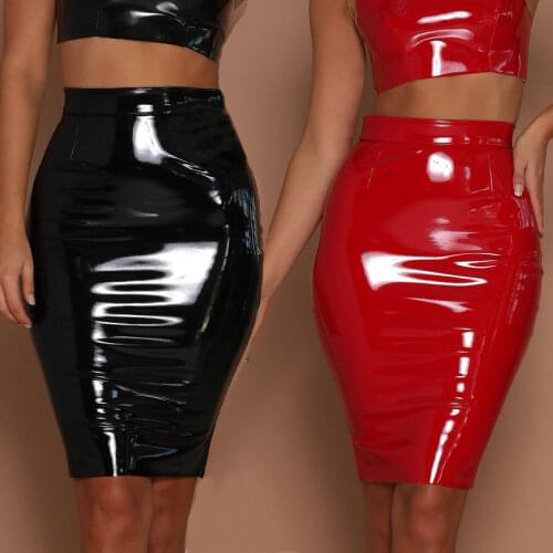 Latex Midi Skirt Women Sexy Lady Mini Elegant Bodycon High Waist Pencil PU Patent Leather Black Office Slim Short Mujer 2021