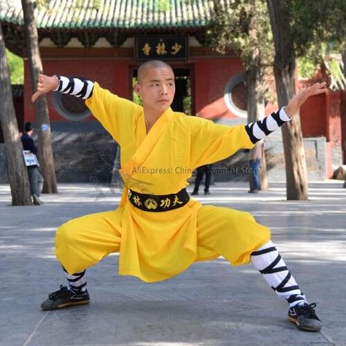 Yellow Polyester Shaolin Monk Performance Costume Martial arts Uniform Kung fu Tai chi Wing Chun Wushu Karate Suit