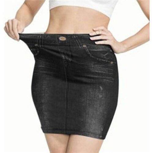 Women Faux Denim Skirt Fashion Print Seamless Jean Skirts Short Slim High Waist Elastic Polckets Female Mini Dress