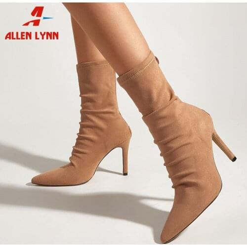 Brand New Fashion Flock Women Ankle Boots Pleated Pointed Toe Thin High Heels Zip Sexy Ladies Shoes 2021 Ladies Concise Shoes