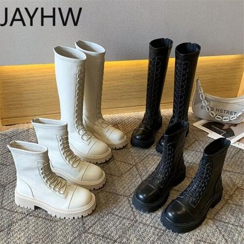 New Winter Knight Boots Womens Boots Knee-length Long Square Heel Retro Motorcycle Black and White Botas Mujer
