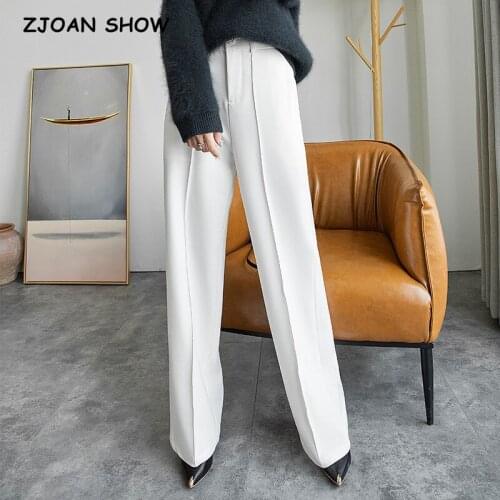 2021 Vintage White High Waist Wide Leg Pants Women Center Line Long Loose Korean Trousers Office Ladies Bottom Black