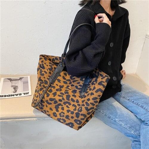 Women Corduroy PU Handbags Zebra Leopard Pattern Shoulder Bag Large Capacity Ladies Animal Tote Bags