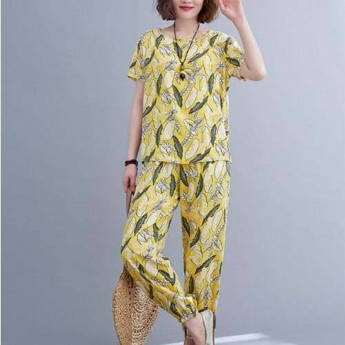 Thin Soft Cotton Satin Loose Women Clothes Set Oneck Loose Tops High Waist Harem pants Two Piece Summer Casual Set Suits