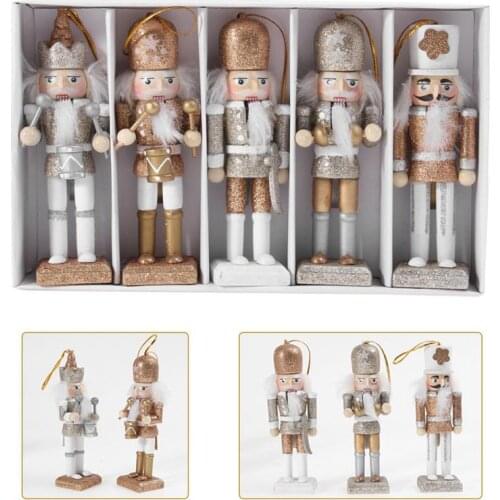 1 Set=5pcs Christmas Wooden Doll Decor Handmade Christmas Nutcracker Doll Pendant Creative Glittering Powder Doll Ornament