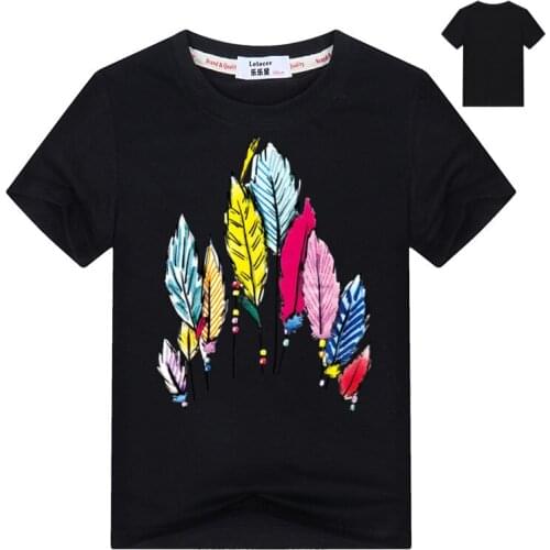2021 Fashion Summer Colorful Feather T shirt Kids Girls Lovely Cartoon Shirt Good quality comfortable Brand Cotton Child t shirt