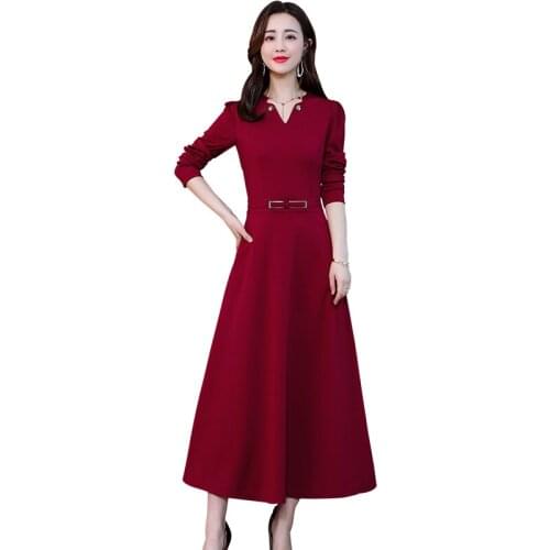 2021 New Fashion Long Sleeve V-neck Dress Spring Autumn Womens Waist Large Size Slim Elegant Party Maxi Dress V524