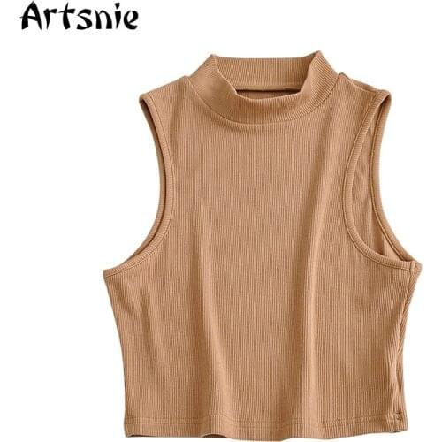 Artsnie Summer 2021 Tank Tops Women Stand Sleeveless Knitted Crop Tops Femme Khaki Knitted Ladies Slim Cropped Tank Tops Mujer