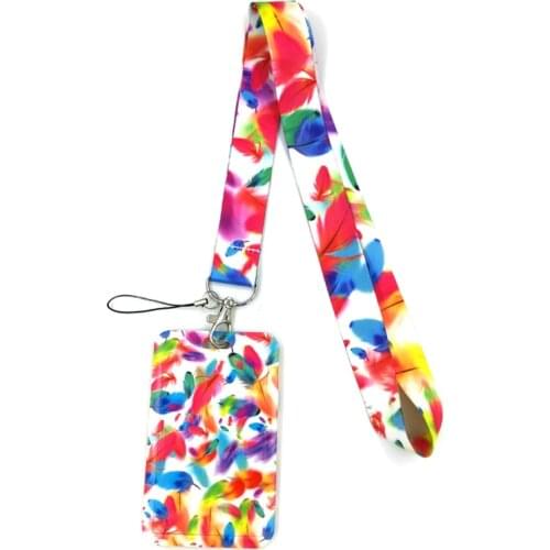 Feather Leave Rainbow Color Key lanyard Car KeyChain ID Card Pass Gym Mobile Phone Badge Kid Key Ring Holder Jewelry Decorations