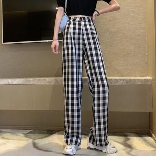 Zoki Plaid Women Pants High Waist Summer Loose Vintage Black Straight Full Pants Causal Korean Style Sweatpants Female Baggy