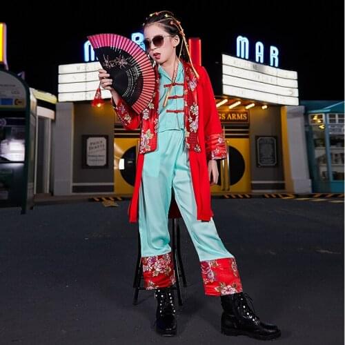 Chinese Style Children Jazz Dance Performance Costumes Girls Catwalk Show Kids Street HipHop Red Jacket Cyan Clothes Tide DL4615