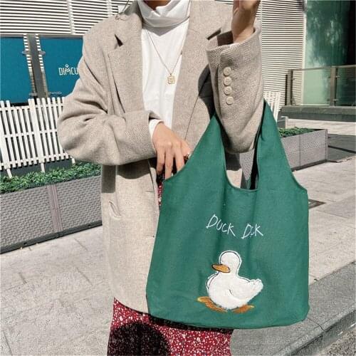 Women Canvas Tote Shoulder Bags Cute Duck Ladies Handbags Large Capacity Soft Shopping Bag Female White Green Underarm Bag