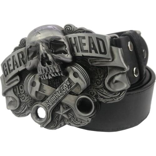 Belt Buckle Metal Skull Cowboys Belt Buckles Silver Plating with Leather Belt for Men