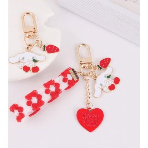 Cute Big Ear Rabbit Tag Alloy Keychain Love Strawberry Ribbon Key Ring Phone Schoolbag Female Bag Pendant Accessories Toys Gifts