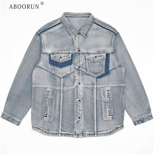ABOORUN Mens Vintage Patchwork Denim Jackets Front Pocket Washed Jean Coat High Quality Coat for Male