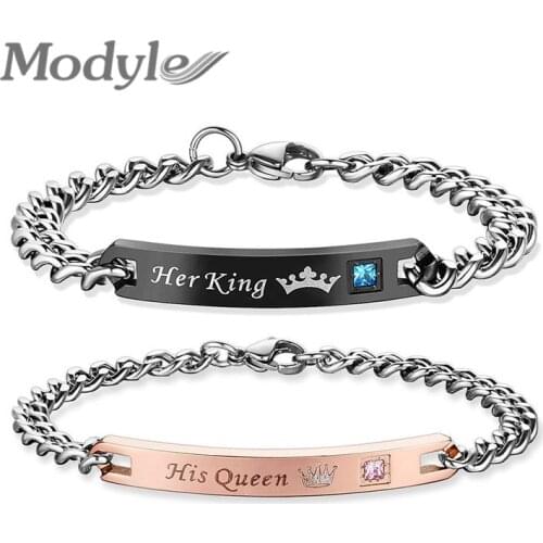 Modyle 2021 New DIY His Queen Her King Bracelets Crystal Stainless Steel Heart Crown Charm Bracelets For Women Men