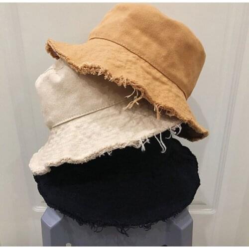Korean Women Leisure Sunscreen Cotton Bucket Hat Vintage Distressed Frayed Tassels Wide Brim Solid Color Packable Fisherman Cap