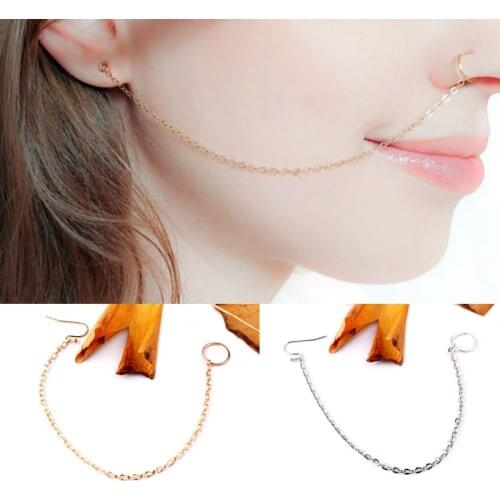 Punk Gold Silver Plated Ethnic Clip On Nose Lip Nasal Ring Tassel Link Chain Nose Hook Ring Ethnic Women Indian Jewelry feminina