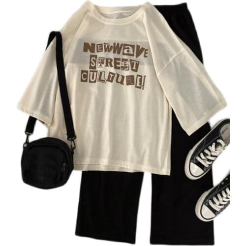 Fashion 2021 Summer Casual Two Piece Set Women Short Sleeve cotton Tops t-shirts And Loose wide leg Pants Set Bottom Suit Outfit