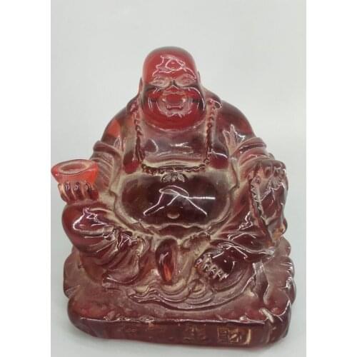 SCY 4" China Synthetic resin Amber Maitreya Buddha Money Bag On Dragon Chair Statue