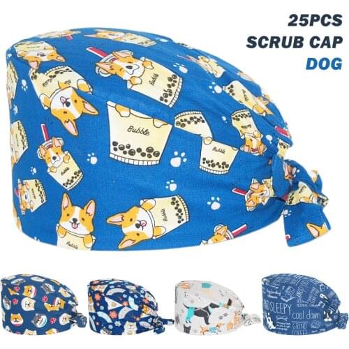 Wholesale New Scrub Cap 100% Cotton Dog Print Adjustable Nursing Caps Beauty Salon Pet Shop Working Accessories Surgicals Hats