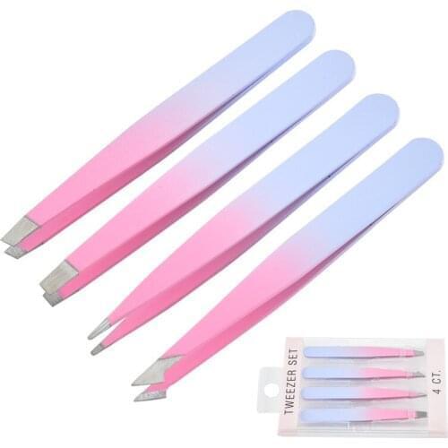 4Pcs/pack Eyebrow Tweezers Stainless Steel Point Slant Flat Tip Removal Makeup Professional Hair Removal Eyebrow Pliers Clip
