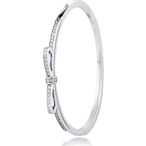 Sparkling Bow Bangles 100% 925 Sterling Silver Fine Jewelry For Women Wholesales Free Shipping