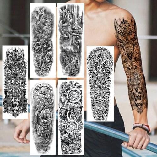Totem Owl Wolf Full Arm Temporary Tattoos Realistic Fake Black Anigle Pigeon Peony Sleeve Tatoos For Women Men Body Art Sticker
