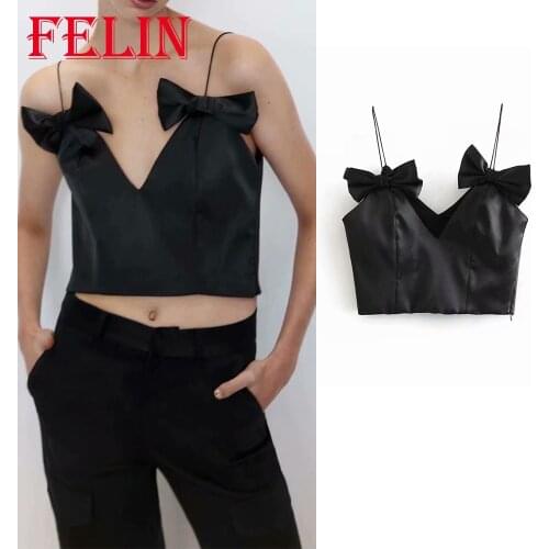 Women Sexy Chic Black Stain Tanks Top Za 2021 V Neck Bow Streetwear Cropped Tops Mujer Camis Stylish Blouses