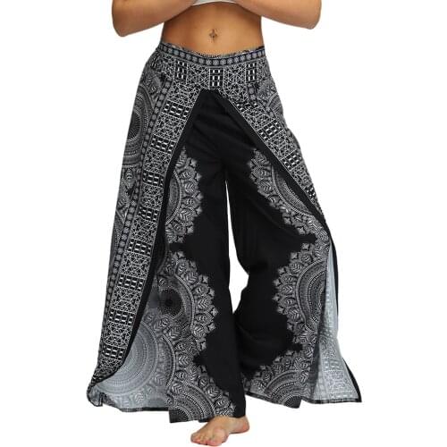 Women Bohemian Floral Print Long Pants 2021 Mid Waist Vintage Wide Leg Pants Elastic Waist Boho Pants Summer Beach Trousers