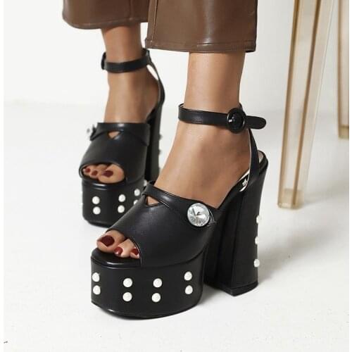 Womens Peep Toe Rivet Gladiators Roman Shoes Pearls Retro Chunky High 5.9" Heel Platform Punk Plus Size 35-46 New 2021