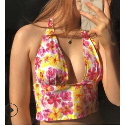 Women’s Sexy Halter Bandage Vest Summer Fashion Flower Backless Exposed Navel Camisole